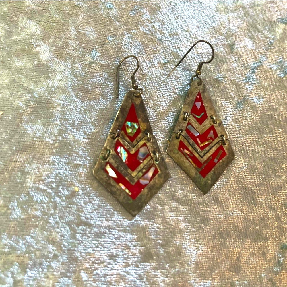 Vintage Artisan Red and Gold Chevron Earrings